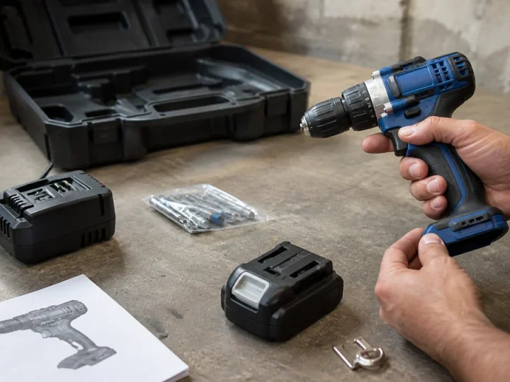 Kit de entrada sem marca sendo auditado numa bancada: ferramenta, bateria, carregador, acessórios, etiqueta e manual separados; uma mão confere encaixes e acabamento antes da compra