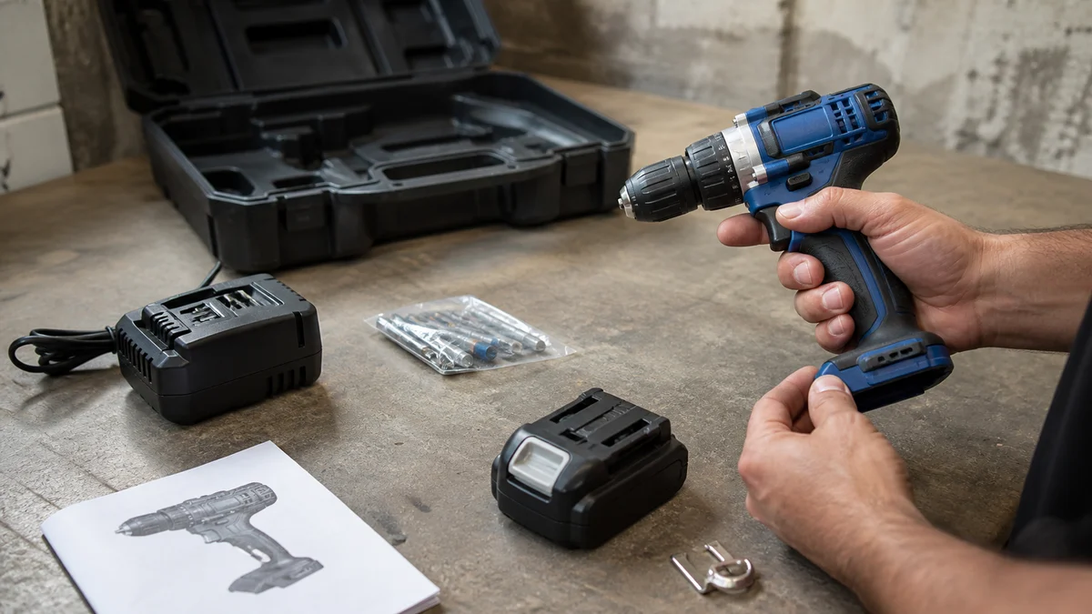 Kit de entrada sem marca sendo auditado numa bancada: ferramenta, bateria, carregador, acessórios, etiqueta e manual separados; uma mão confere encaixes e acabamento antes da compra