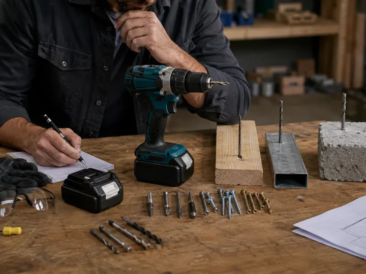 Mesa de decisão completa com parafusadeira central, amostras de madeira, metal e alvenaria, fixadores, brocas, baterias, PPE, paquímetro e documentação, organizada como fluxo profissional d…
