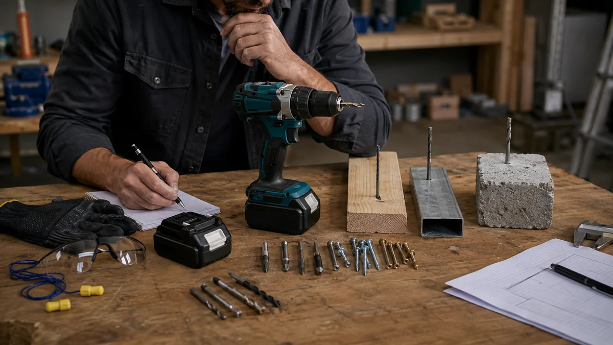 Mesa de decisão completa com parafusadeira central, amostras de madeira, metal e alvenaria, fixadores, brocas, baterias, PPE, paquímetro e documentação, organizada como fluxo profissional d…