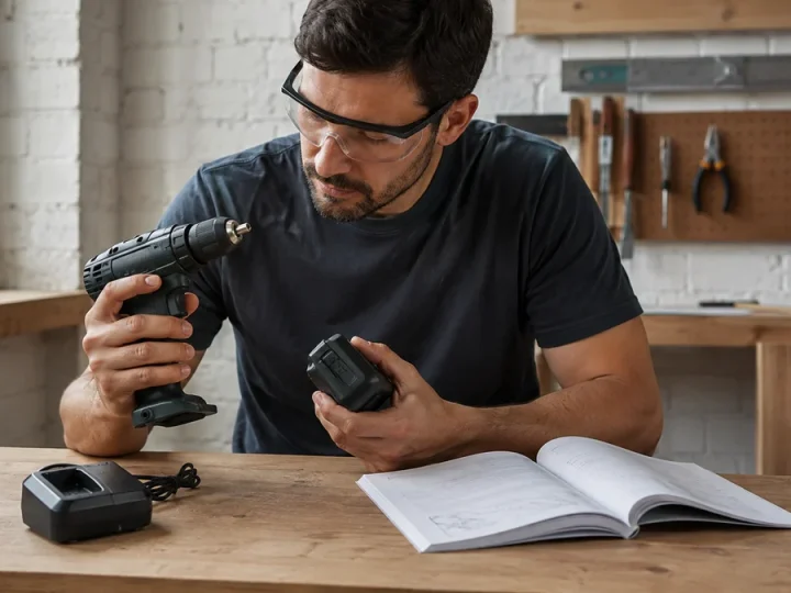 Uma pessoa em uma bancada limpa inspeciona uma parafusadeira compacta sem marca, conferindo separadamente bateria removível, carregador e manual; a cena comunica verificação de modelo e sup…