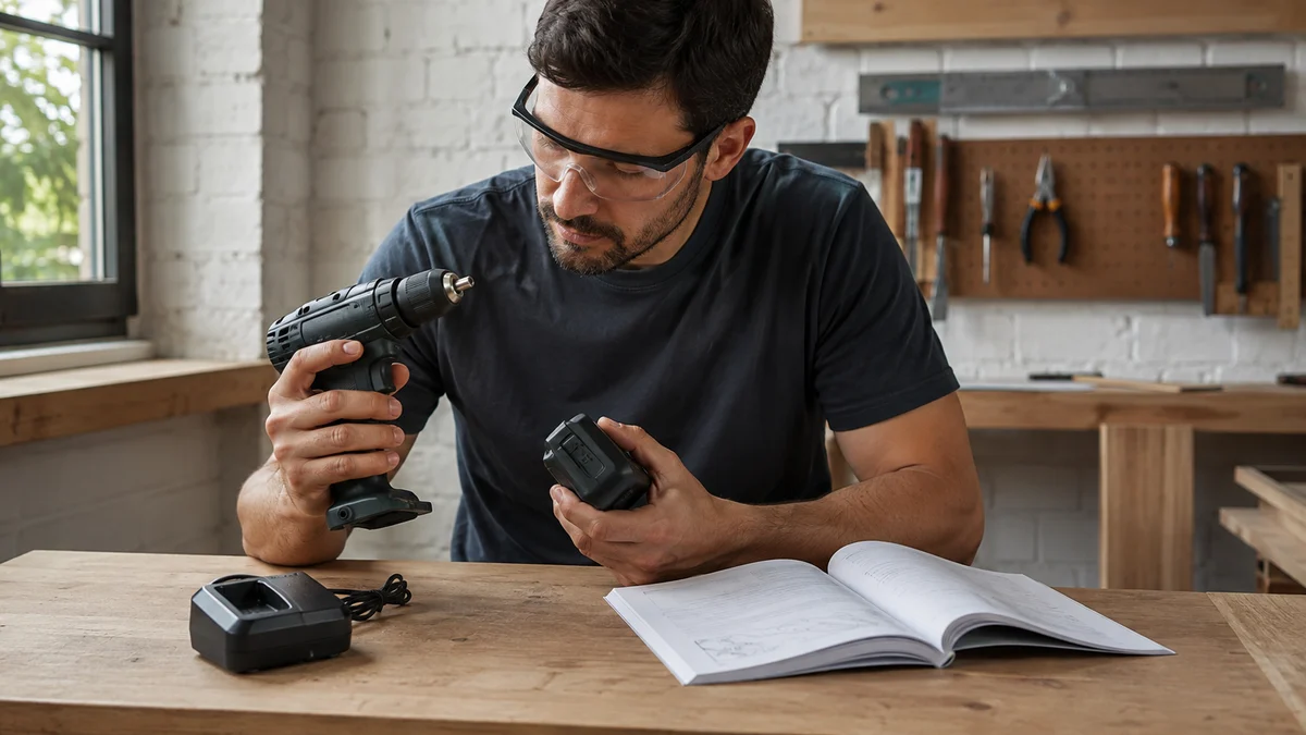 Uma pessoa em uma bancada limpa inspeciona uma parafusadeira compacta sem marca, conferindo separadamente bateria removível, carregador e manual; a cena comunica verificação de modelo e sup…