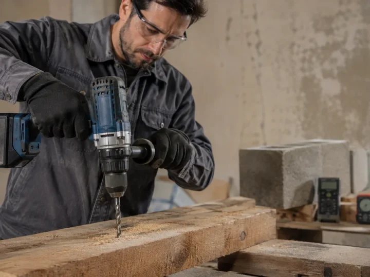 Furadeira profissional de alto torque com punho lateral perfurando uma viga grossa de madeira em bancada de teste; ao fundo desfocado, bloco de alvenaria e instrumentos de medição sugerem q…