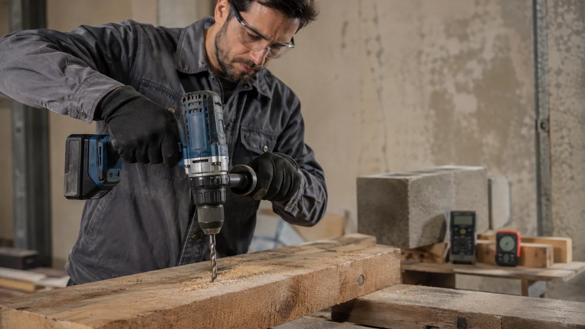 Furadeira profissional de alto torque com punho lateral perfurando uma viga grossa de madeira em bancada de teste; ao fundo desfocado, bloco de alvenaria e instrumentos de medição sugerem q…