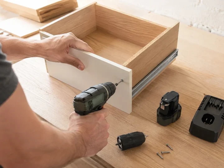 Parafusadeira compacta classe 12V sem marca ao lado de bateria, carregador e mandril, sendo usada com controle para montar uma pequena gaveta de madeira