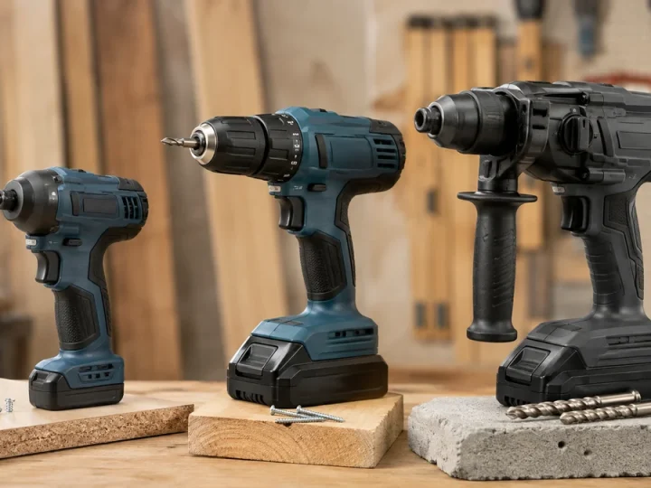 Três classes visualmente distintas de ferramenta sem marca em uma única bancada: parafusadeira compacta 12V, furadeira/parafusadeira de uso geral e modelo com impacto; baterias e encaixes c…