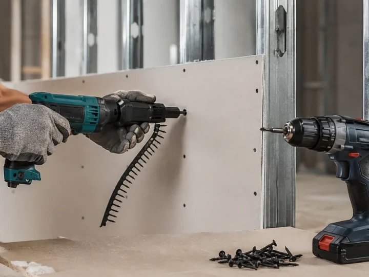 Parafusadeira para drywall ao lado de modelo comum em instalação de placa de gesso