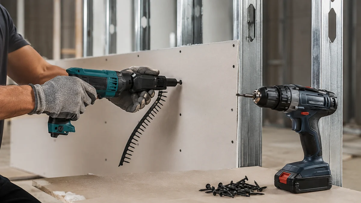 Parafusadeira para drywall ao lado de modelo comum em instalação de placa de gesso