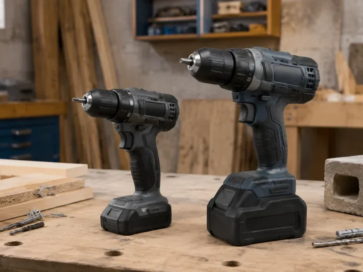 Duas parafusadeiras sem marca visualmente distintas, uma compacta 12V e outra robusta 20V, lado a lado em bancada de carpintaria com suas baterias proporcionais e materiais de uso leve e pe…