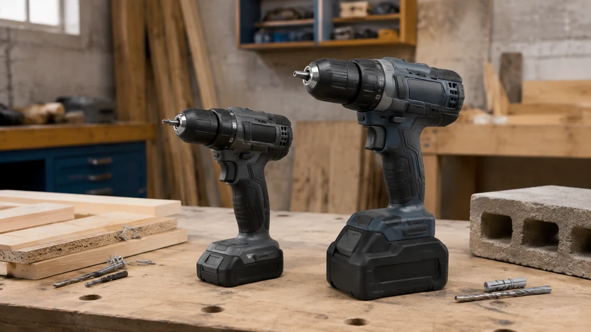 Duas parafusadeiras sem marca visualmente distintas, uma compacta 12V e outra robusta 20V, lado a lado em bancada de carpintaria com suas baterias proporcionais e materiais de uso leve e pe…